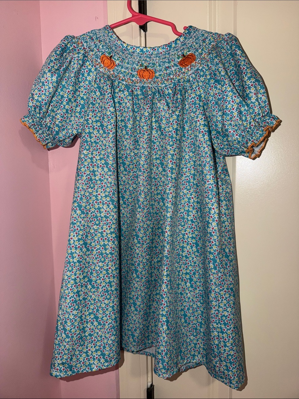 Blue Floral Smocked Dress with Pumpkin Embroidery